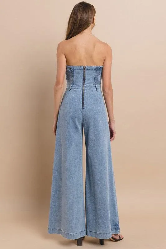 OFF SHOULDER WIDE LEG DENIM JUMPSUIT