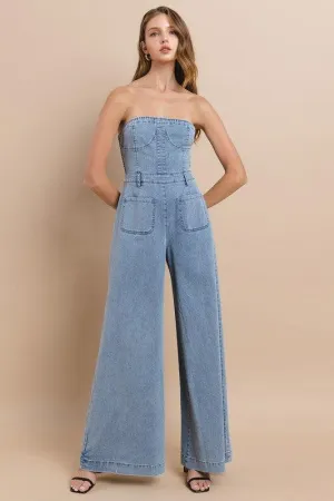 OFF SHOULDER WIDE LEG DENIM JUMPSUIT