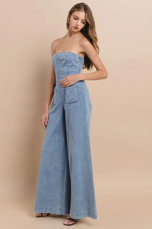 OFF SHOULDER WIDE LEG DENIM JUMPSUIT