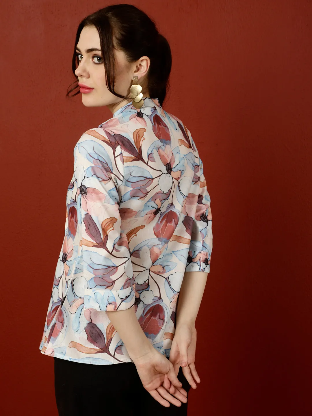 Off-White & Brown Floral Pleated Top