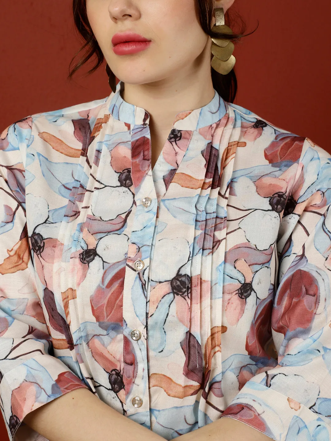 Off-White & Brown Floral Pleated Top