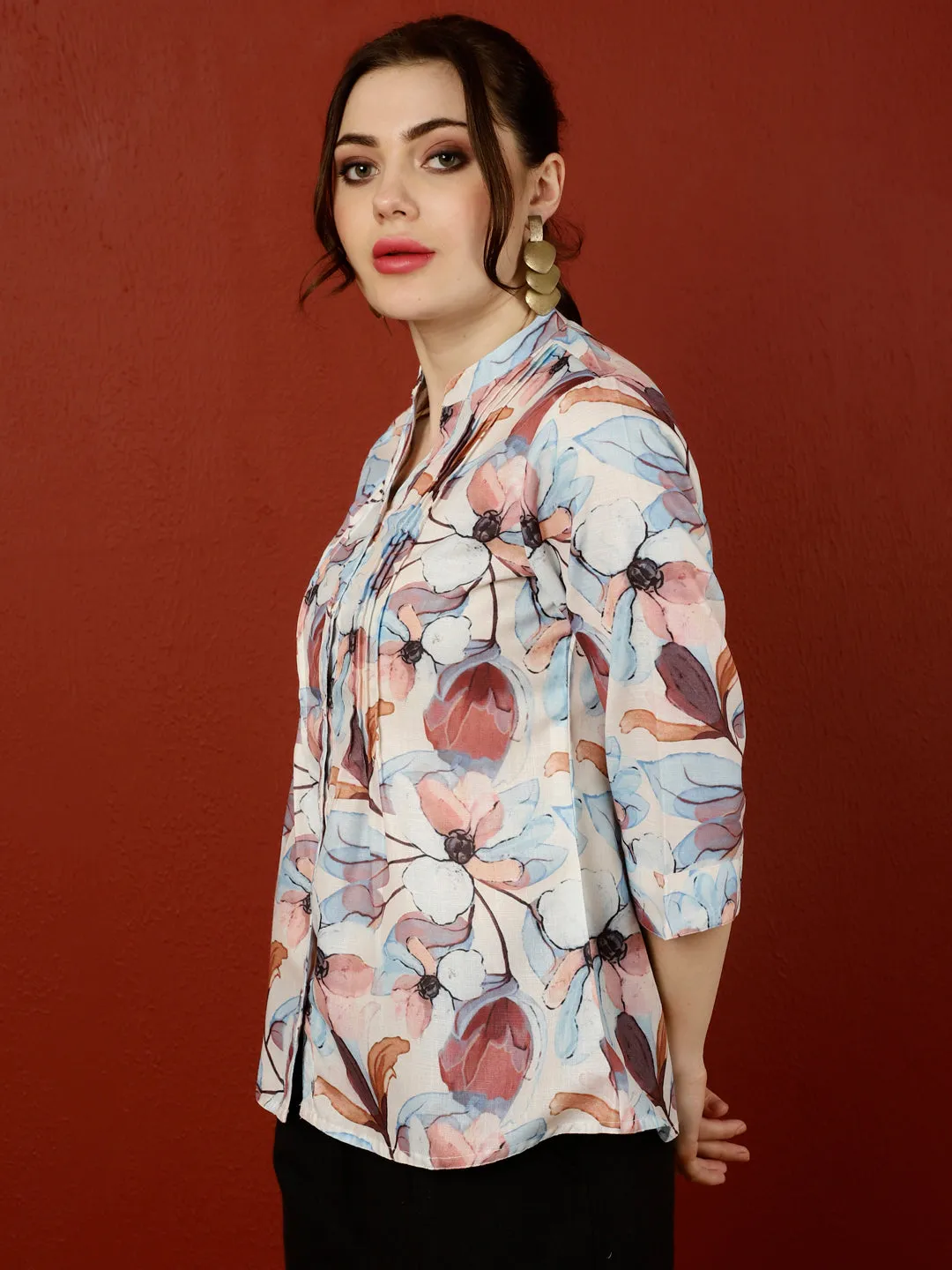 Off-White & Brown Floral Pleated Top