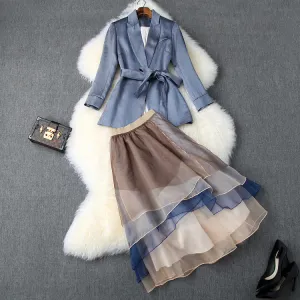 Office Style Bow Bandage Blazers Double Layer Skirt Midi Dress Two-piece Set