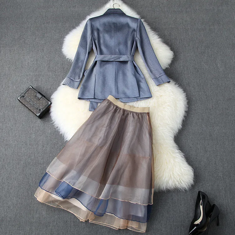 Office Style Bow Bandage Blazers Double Layer Skirt Midi Dress Two-piece Set