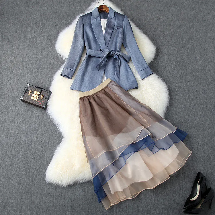 Office Style Bow Bandage Blazers Double Layer Skirt Midi Dress Two-piece Set