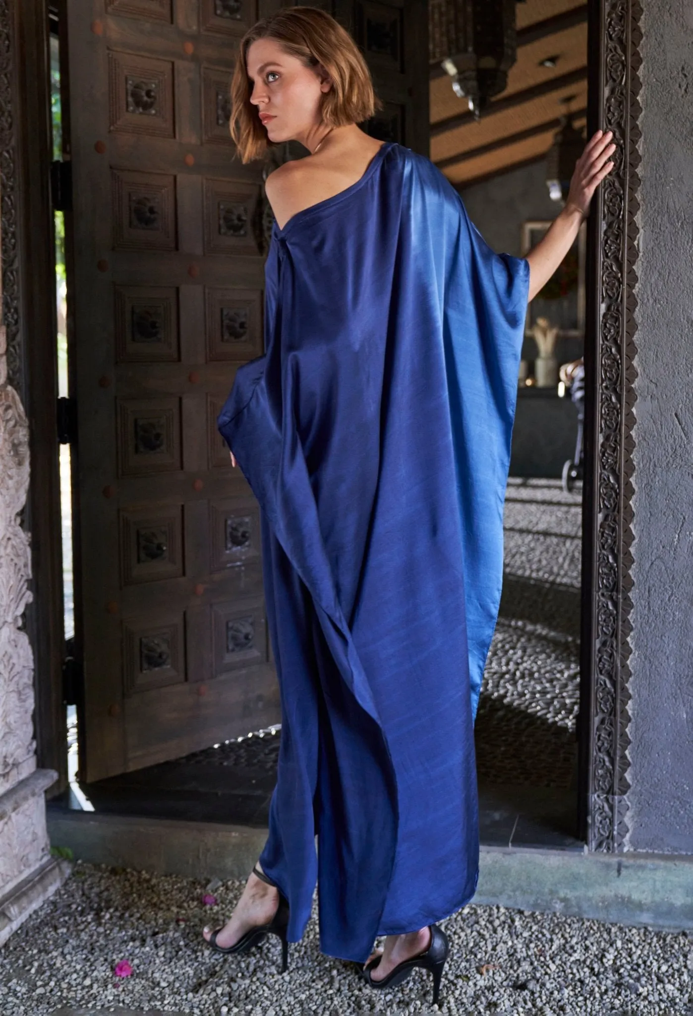 Ombre Petrol and Navy Boatneck Silk Caftan