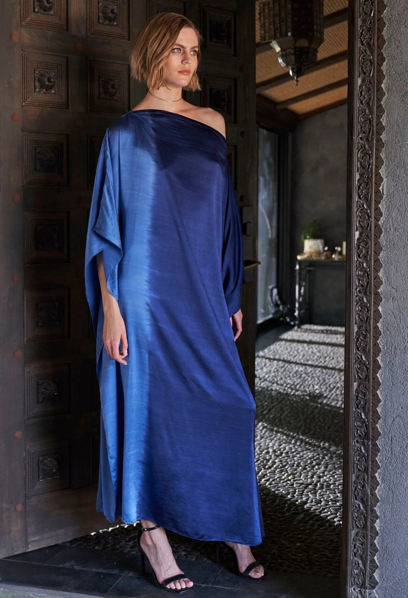 Ombre Petrol and Navy Boatneck Silk Caftan
