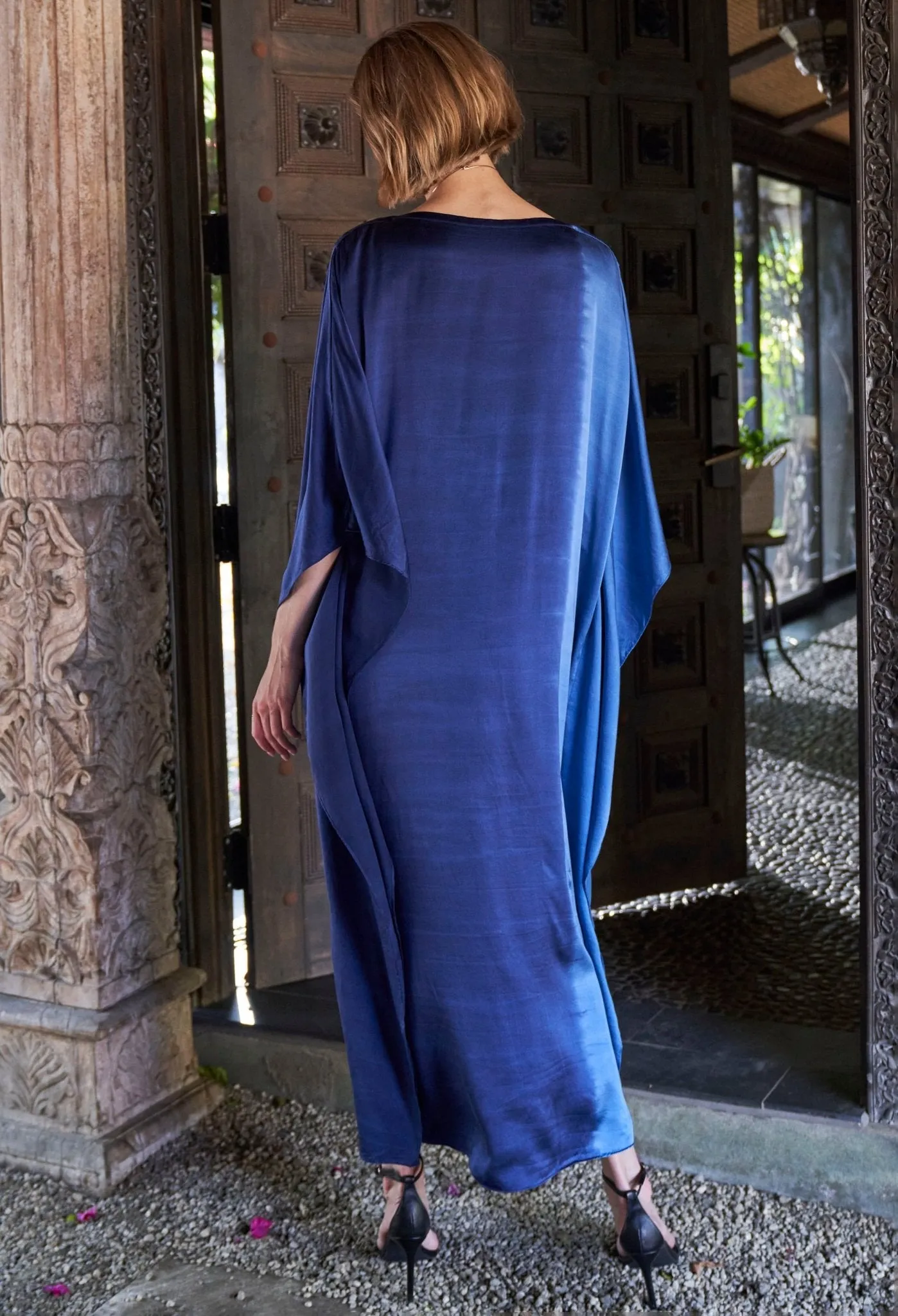 Ombre Petrol and Navy Boatneck Silk Caftan