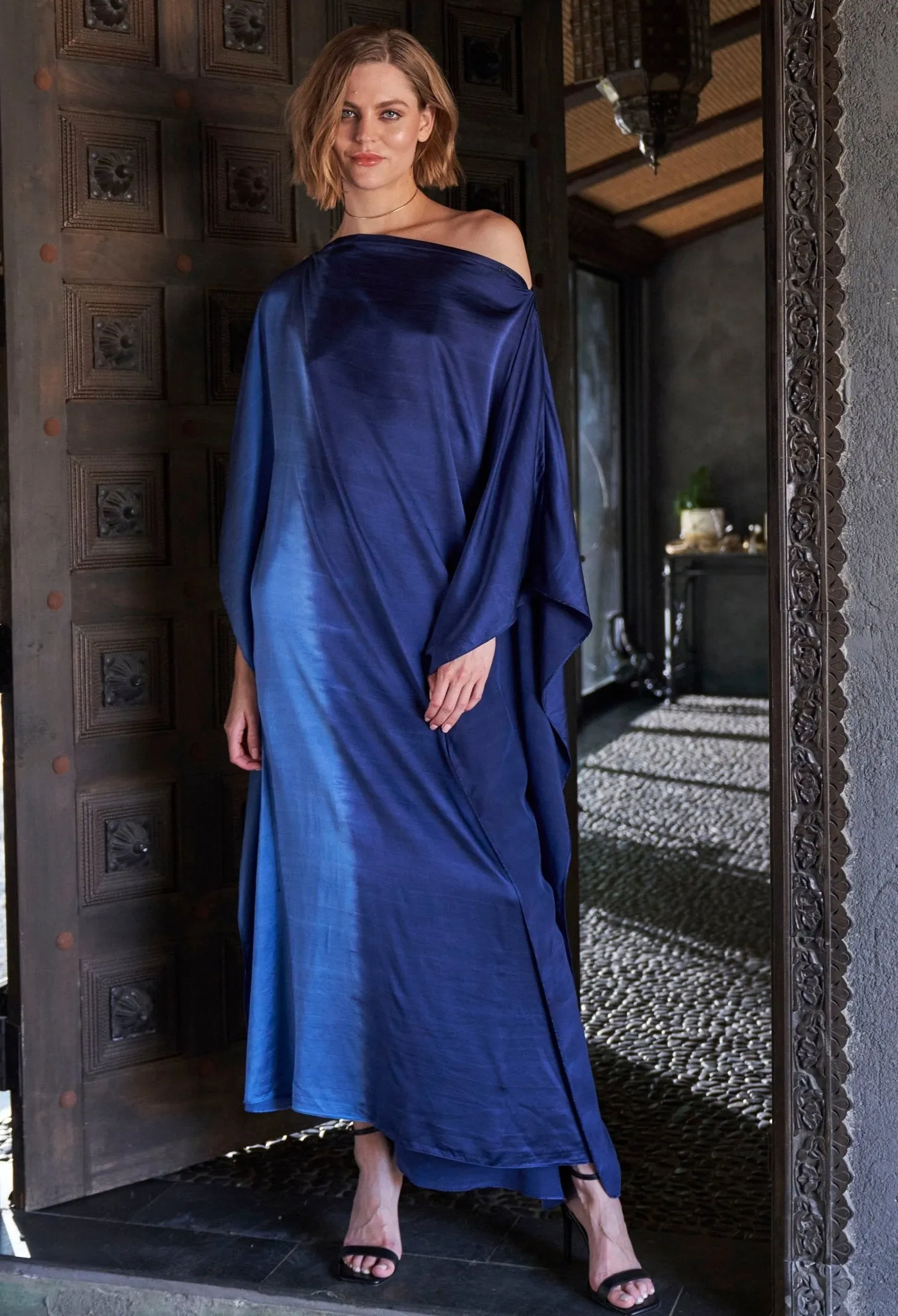 Ombre Petrol and Navy Boatneck Silk Caftan