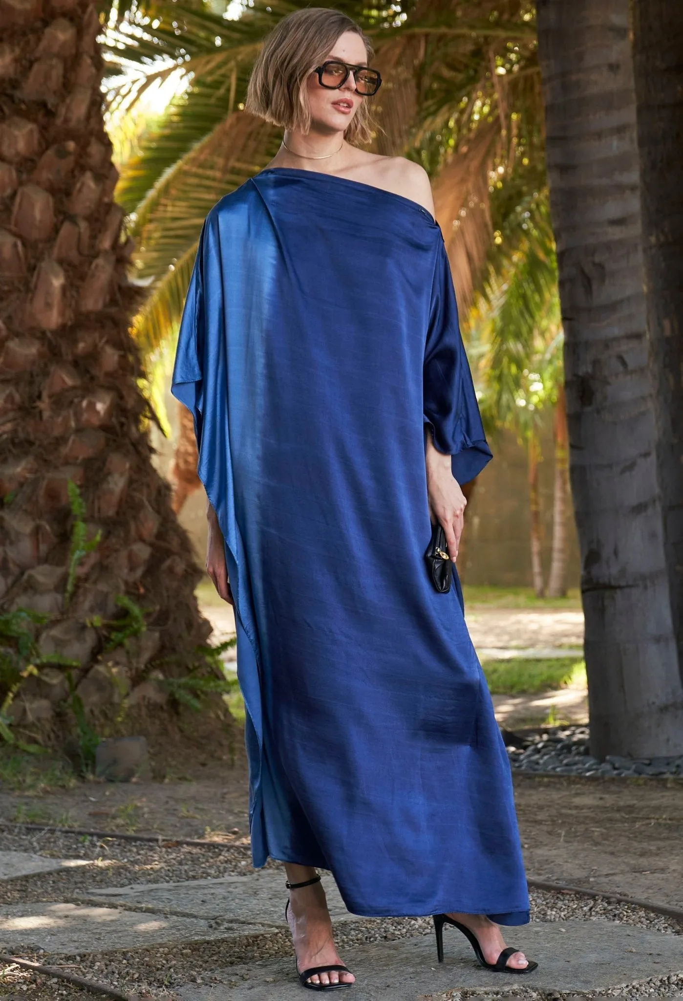 Ombre Petrol and Navy Boatneck Silk Caftan