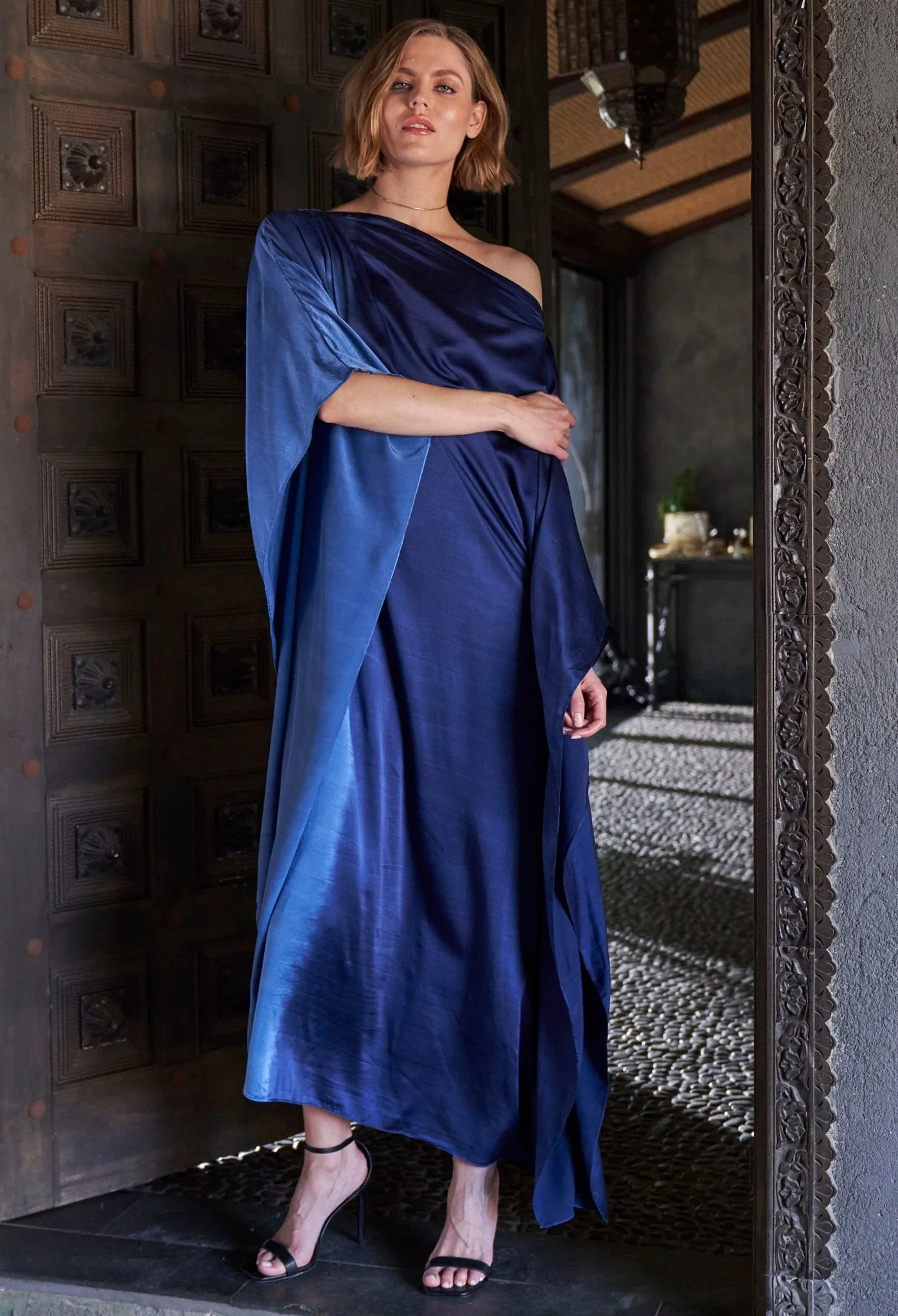 Ombre Petrol and Navy Boatneck Silk Caftan