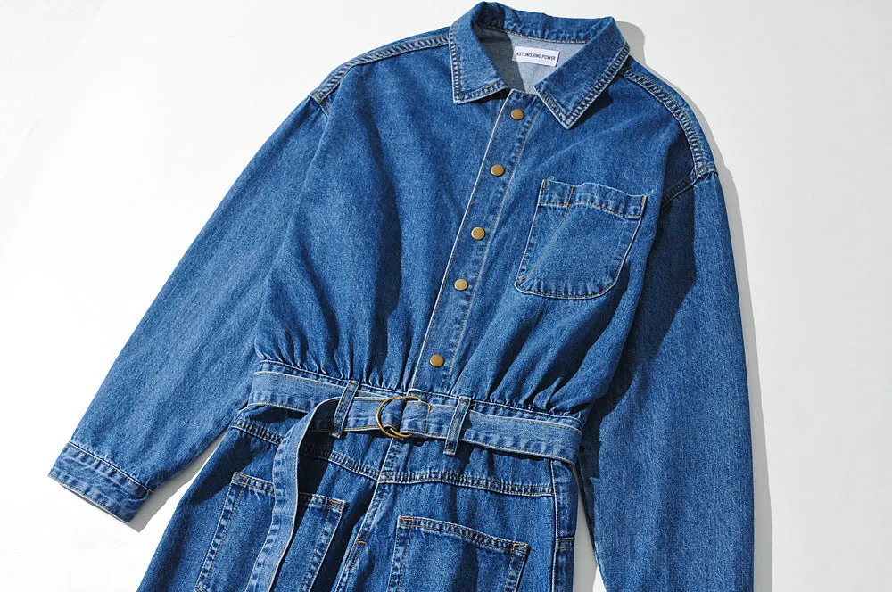 Pile Collar Lace-up Single-breasted Denim Jumpsuits