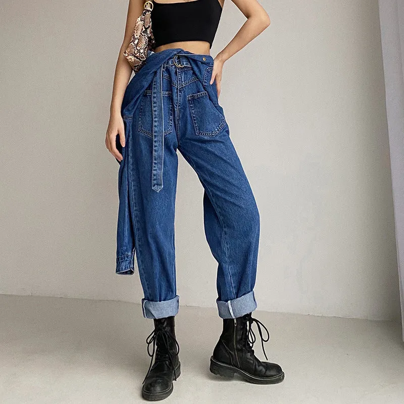 Pile Collar Lace-up Single-breasted Denim Jumpsuits