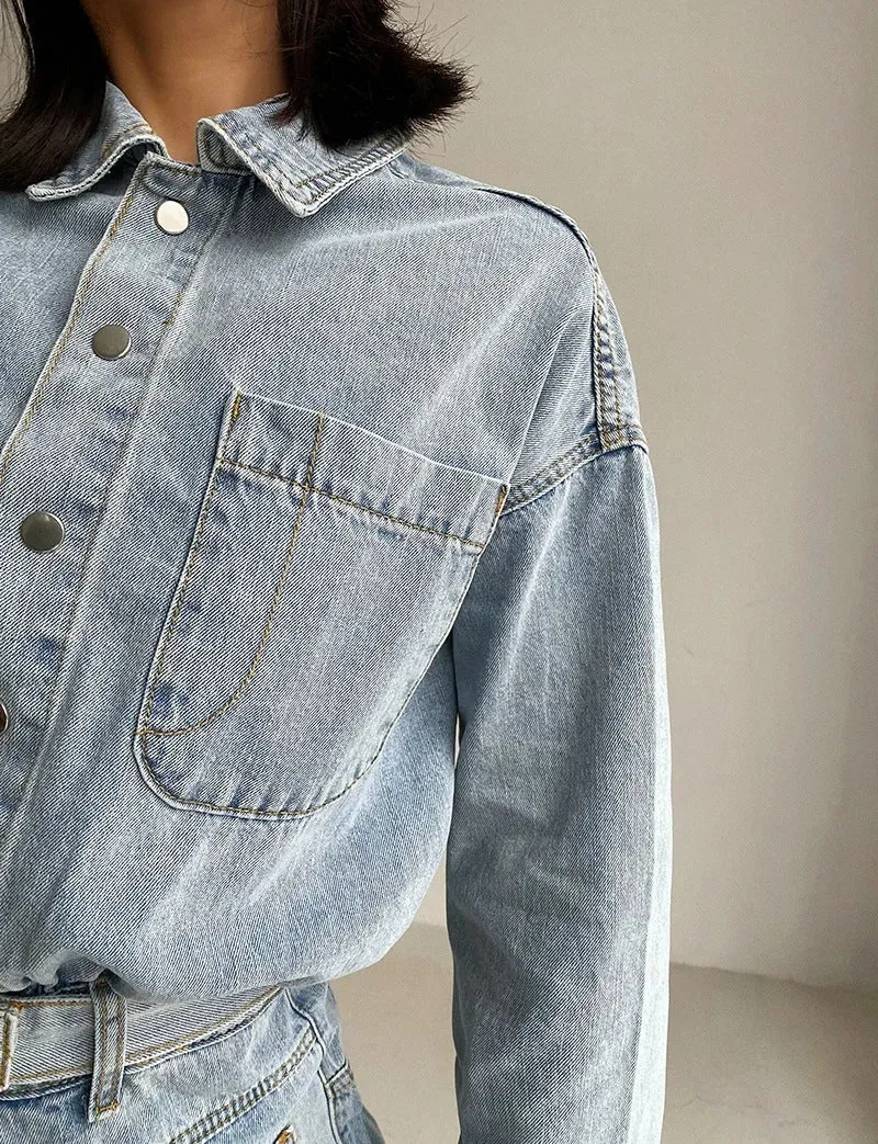 Pile Collar Lace-up Single-breasted Denim Jumpsuits