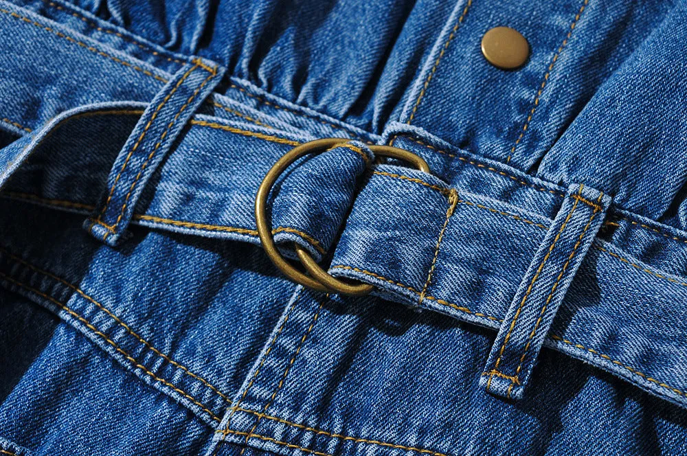 Pile Collar Lace-up Single-breasted Denim Jumpsuits