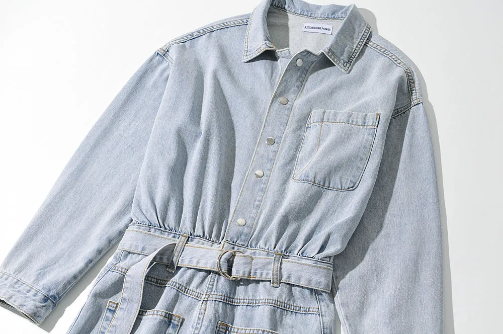 Pile Collar Lace-up Single-breasted Denim Jumpsuits