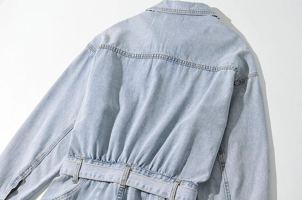 Pile Collar Lace-up Single-breasted Denim Jumpsuits