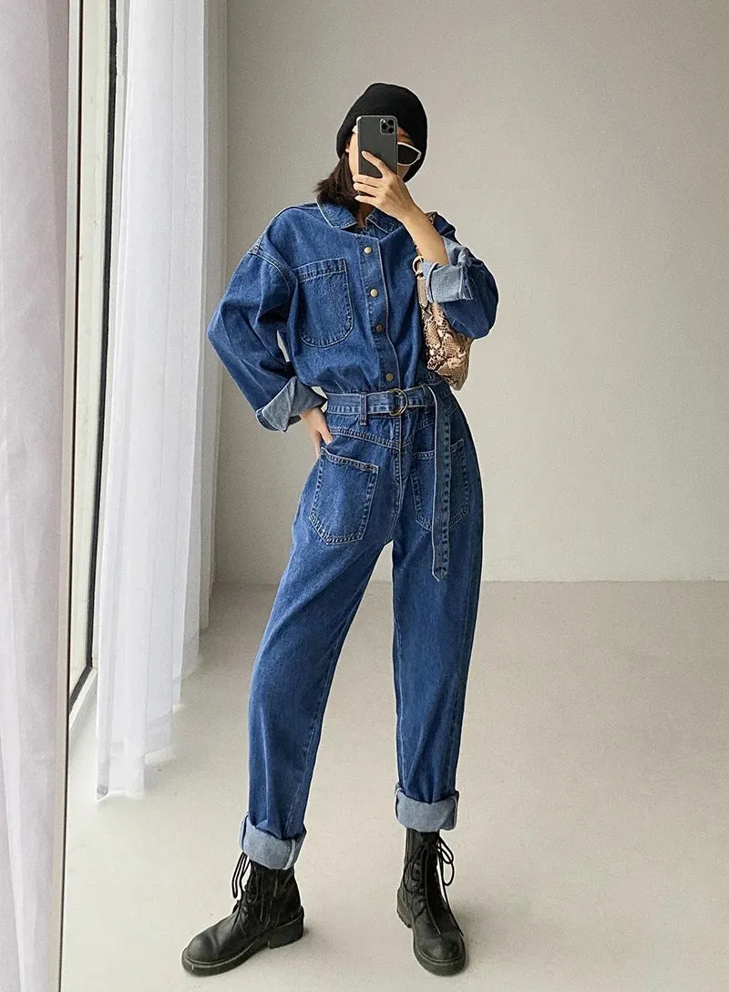 Pile Collar Lace-up Single-breasted Denim Jumpsuits