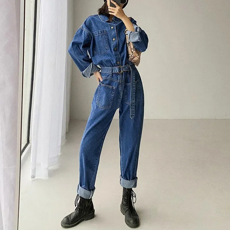 Pile Collar Lace-up Single-breasted Denim Jumpsuits