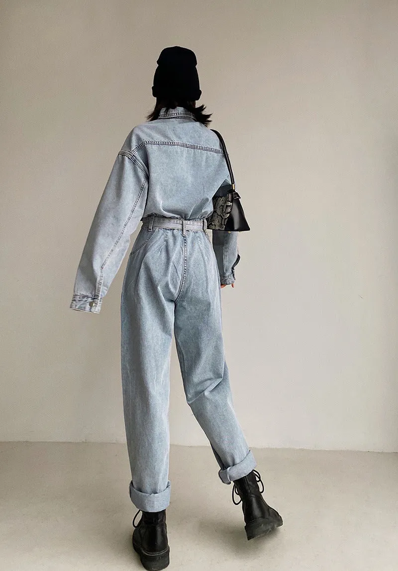 Pile Collar Lace-up Single-breasted Denim Jumpsuits