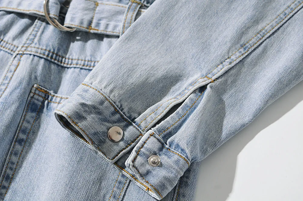 Pile Collar Lace-up Single-breasted Denim Jumpsuits