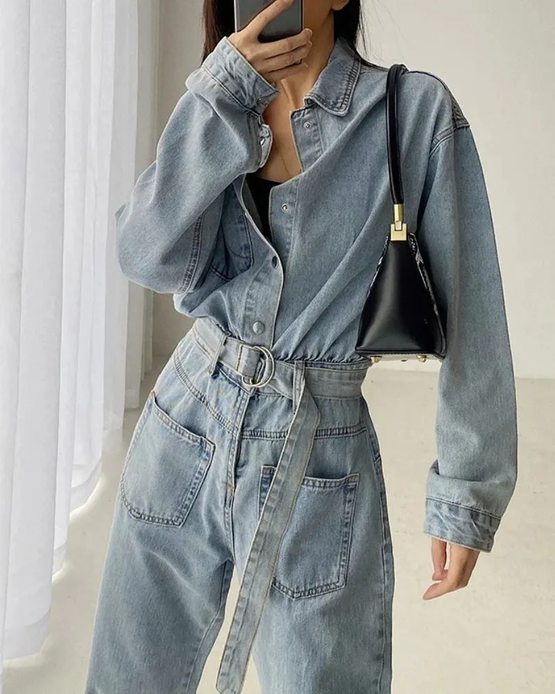 Pile Collar Lace-up Single-breasted Denim Jumpsuits