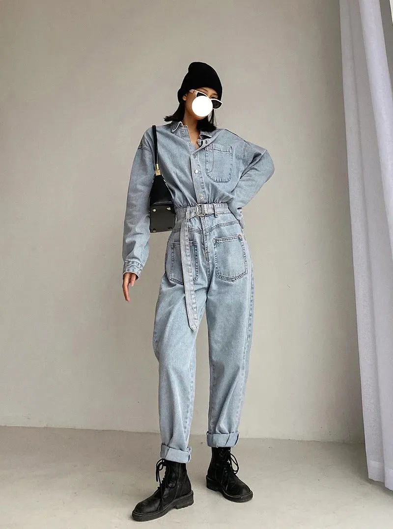 Pile Collar Lace-up Single-breasted Denim Jumpsuits