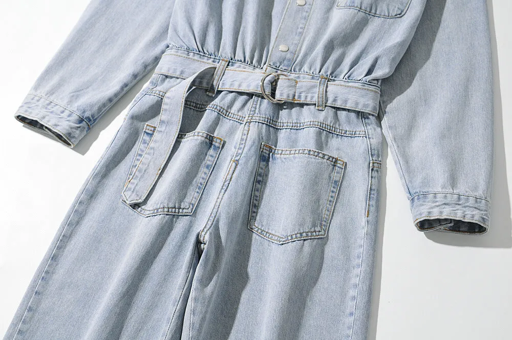 Pile Collar Lace-up Single-breasted Denim Jumpsuits