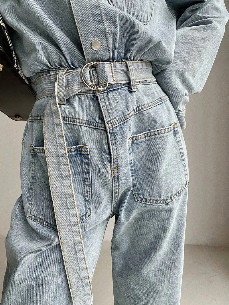 Pile Collar Lace-up Single-breasted Denim Jumpsuits