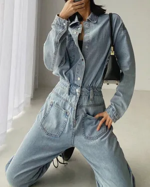 Pile Collar Lace-up Single-breasted Denim Jumpsuits
