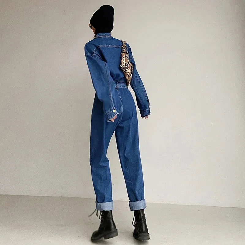 Pile Collar Lace-up Single-breasted Denim Jumpsuits