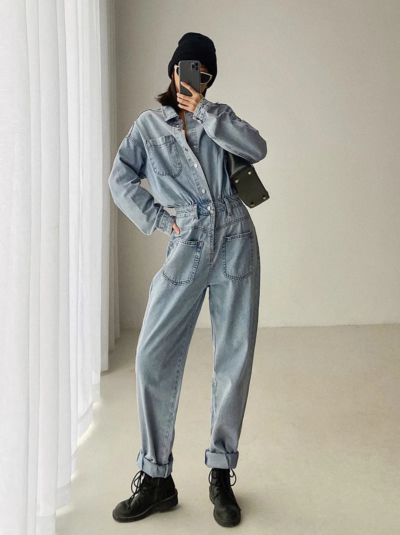 Pile Collar Lace-up Single-breasted Denim Jumpsuits