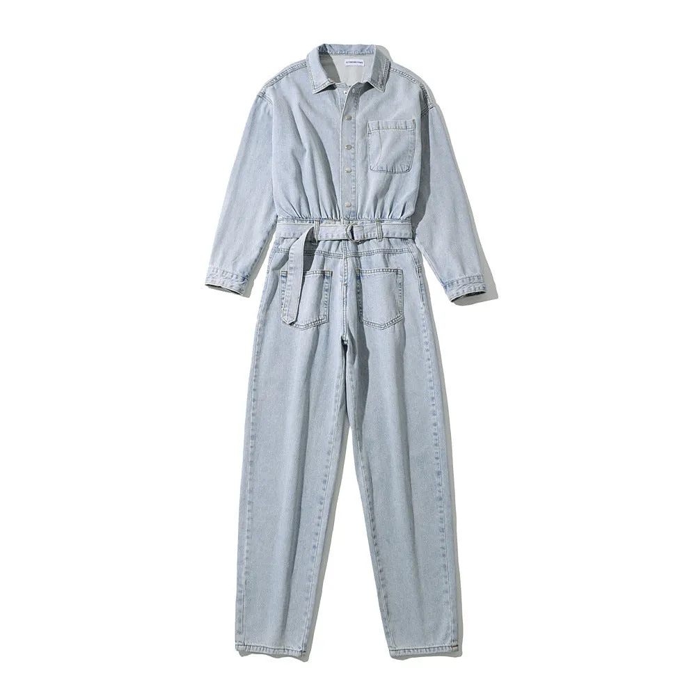 Pile Collar Lace-up Single-breasted Denim Jumpsuits