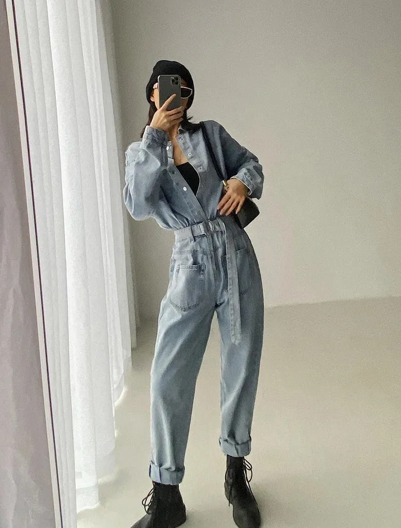 Pile Collar Lace-up Single-breasted Denim Jumpsuits