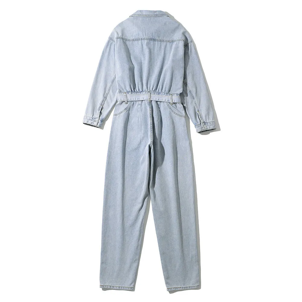Pile Collar Lace-up Single-breasted Denim Jumpsuits
