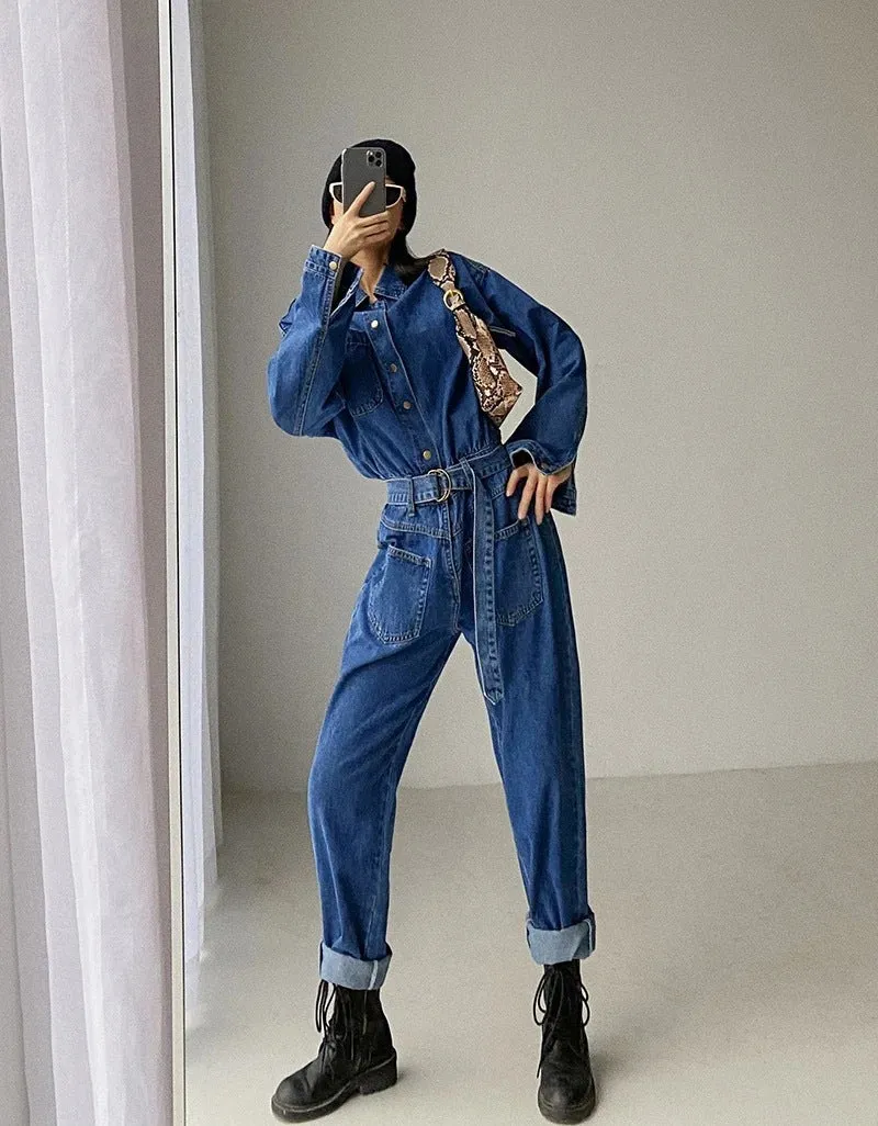 Pile Collar Lace-up Single-breasted Denim Jumpsuits