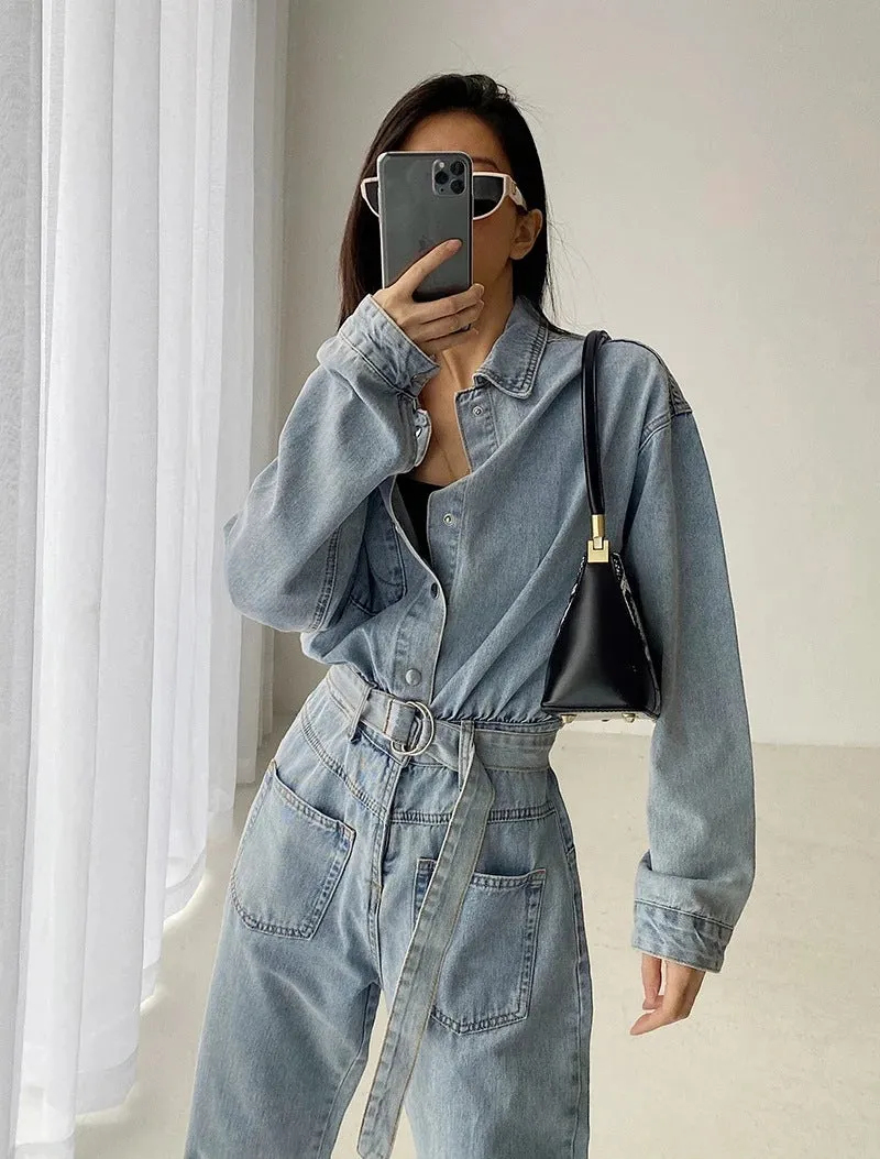 Pile Collar Lace-up Single-breasted Denim Jumpsuits