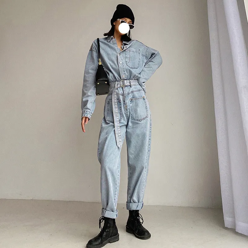 Pile Collar Lace-up Single-breasted Denim Jumpsuits