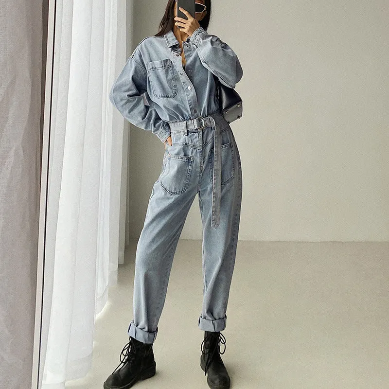 Pile Collar Lace-up Single-breasted Denim Jumpsuits