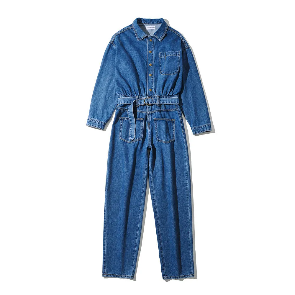Pile Collar Lace-up Single-breasted Denim Jumpsuits