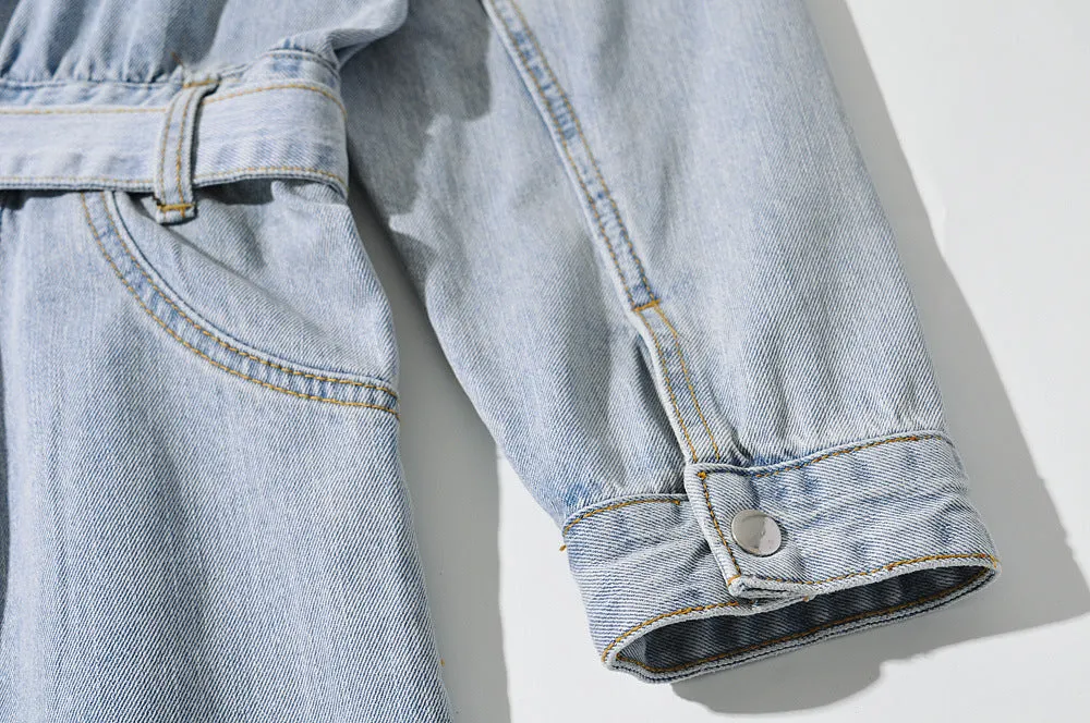 Pile Collar Lace-up Single-breasted Denim Jumpsuits