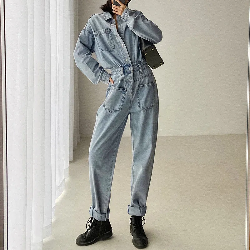 Pile Collar Lace-up Single-breasted Denim Jumpsuits