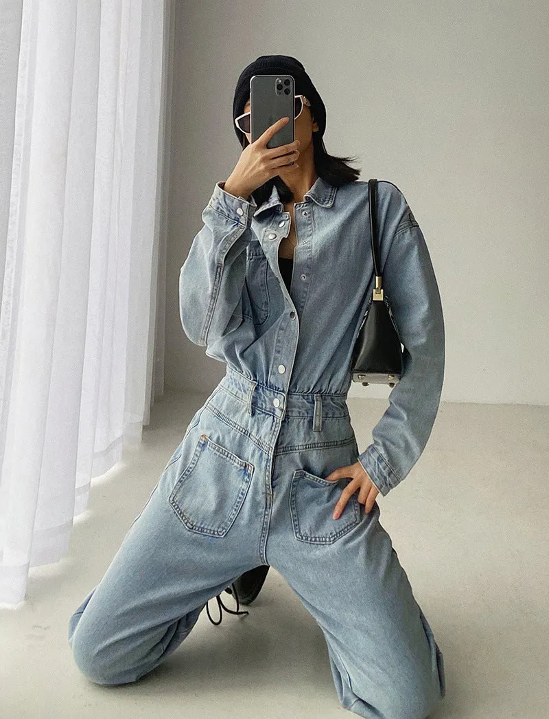 Pile Collar Lace-up Single-breasted Denim Jumpsuits