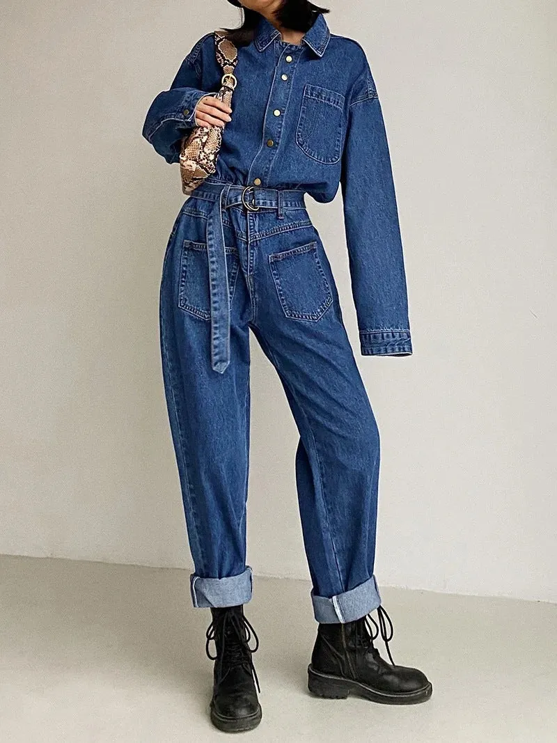 Pile Collar Lace-up Single-breasted Denim Jumpsuits