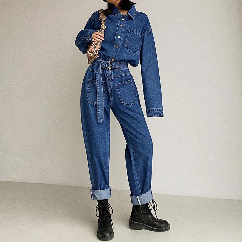 Pile Collar Lace-up Single-breasted Denim Jumpsuits