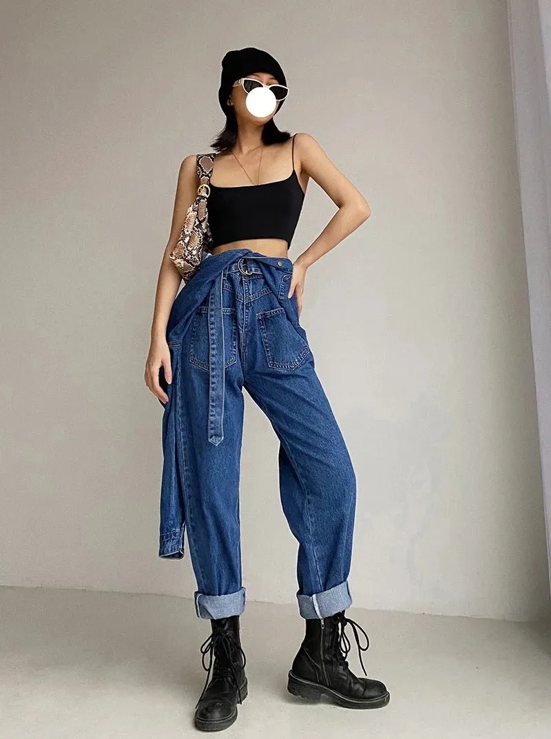 Pile Collar Lace-up Single-breasted Denim Jumpsuits
