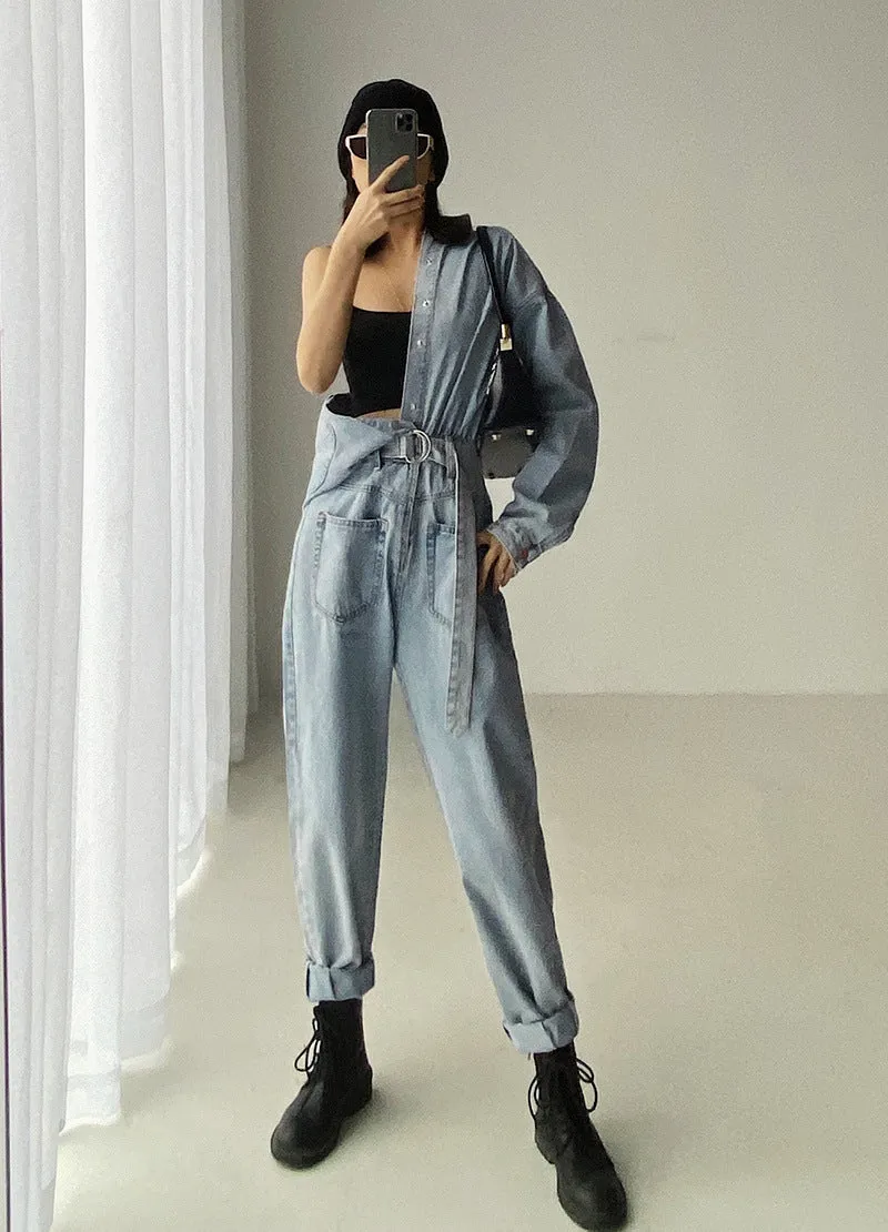 Pile Collar Lace-up Single-breasted Denim Jumpsuits