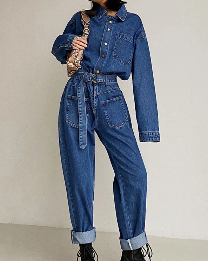 Pile Collar Lace-up Single-breasted Denim Jumpsuits