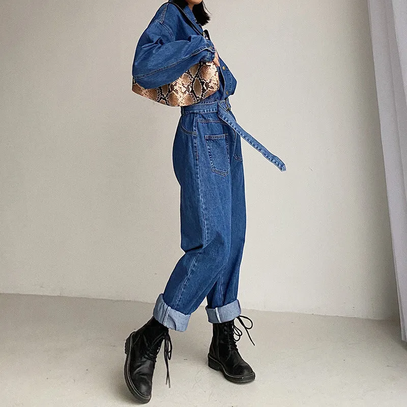 Pile Collar Lace-up Single-breasted Denim Jumpsuits