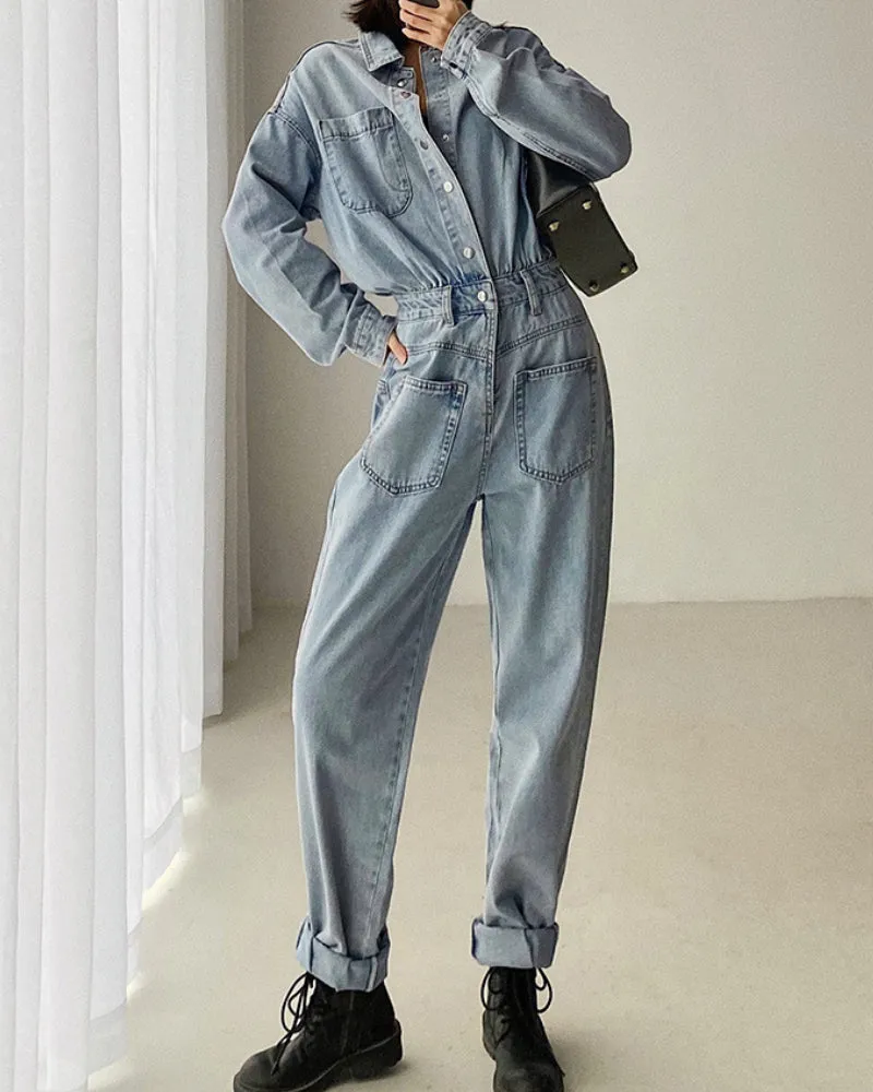 Pile Collar Lace-up Single-breasted Denim Jumpsuits